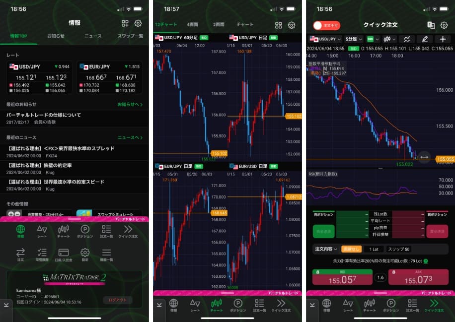 スマホアプリ版のデモトレード画面(MATRIXTRADER2 for iPhone バーチャル)